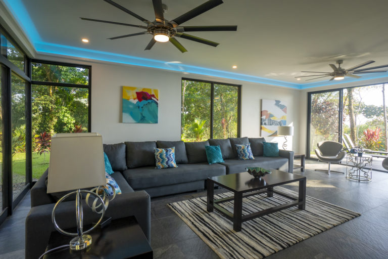 72" 9-blade fans throughout the lower level (living room shown)