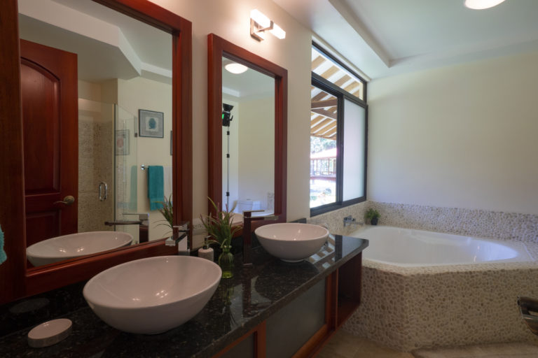 Master Bathroom with double sinks, large tub, and large shower
